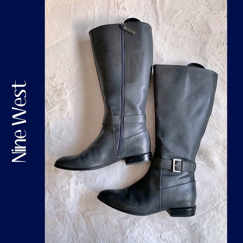 Nine West Dark Gray Wide Calf Leather Boots Low Heel sz9 EUC